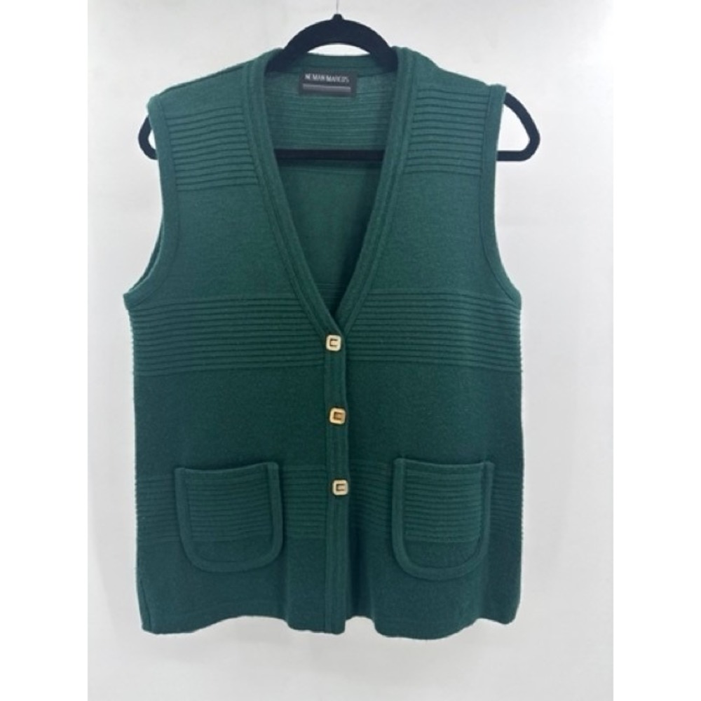 Vintage Neiman Marcus Mens Green Ribbed Knit Button Cardigan Vest LARGE